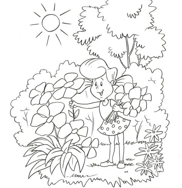 Coloring book girl collects flowers in summer